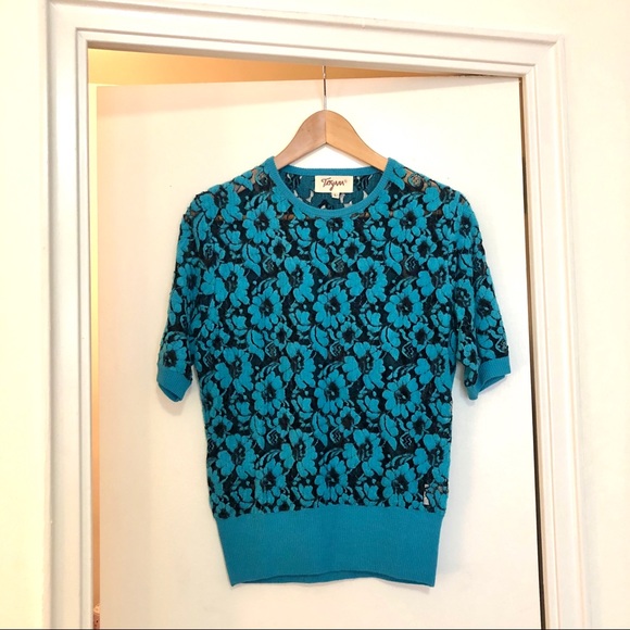 TATYANA short sleeve blue floral sweater with mesh - Picture 1 of 7